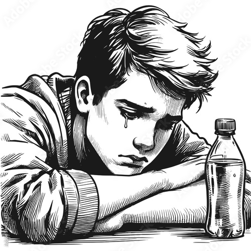 A boy with a pensive and sorrowful expression sadness boy black and white line art drawing ink sketch sad vector hand drawn illustration background