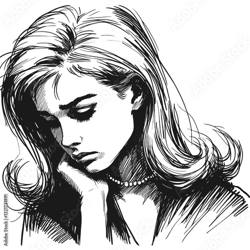 A young girl wiping away tears sadness girl black and white line art drawing ink sketch sad vector hand drawn illustration background