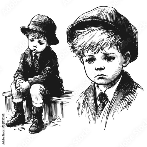 A young boy standing quietly sadness little boy black and white line art drawing ink sketch sad vector hand drawn illustration background