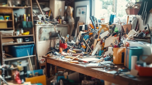 Image of a cluttered workbench with various tools and equipment for DIY projects or woodworking