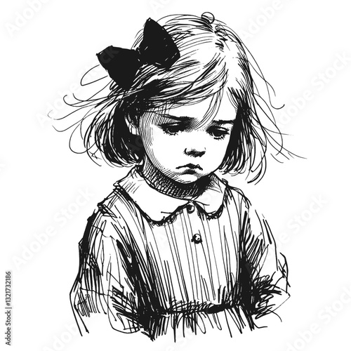 A little girl with a frown sadness little girl black and white line art drawing ink sketch sad vector hand drawn illustration background