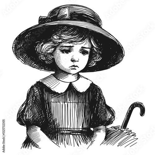 A child with a downturned face sadness little girl black and white line art drawing ink sketch sad vector hand drawn illustration background
