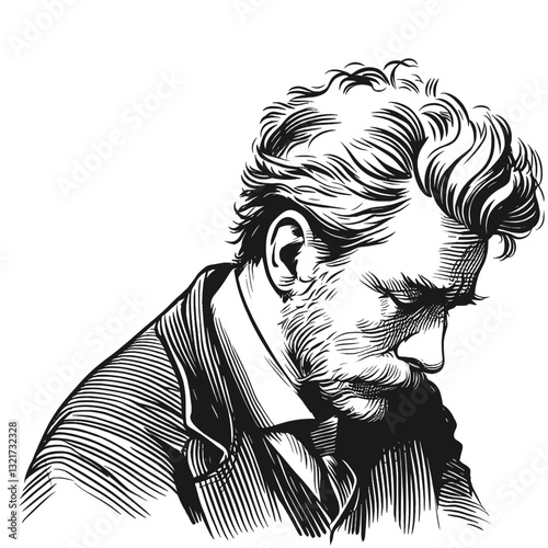 A man sitting on a bench sadness man black and white line art drawing ink sketch sad vector hand drawn illustration background