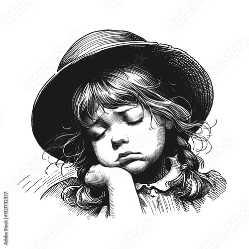 A young girl sitting alone sadness little girl black and white line art drawing ink sketch sad vector hand drawn illustration background