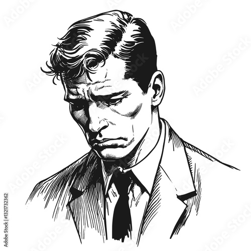 A man standing in the rain sadness man black and white line art drawing ink sketch sad vector hand drawn illustration background
