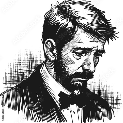 A man with tears in his eyes sadness man black and white line art drawing ink sketch sad vector hand drawn illustration background