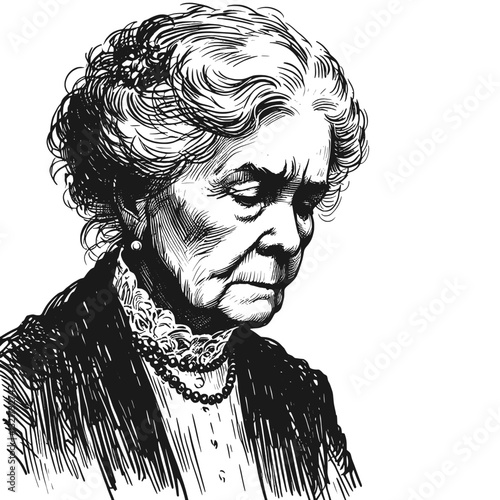 Elderly woman with tearful eyes sadness old woman black and white line art drawing ink sketch sad vector hand drawn illustration background