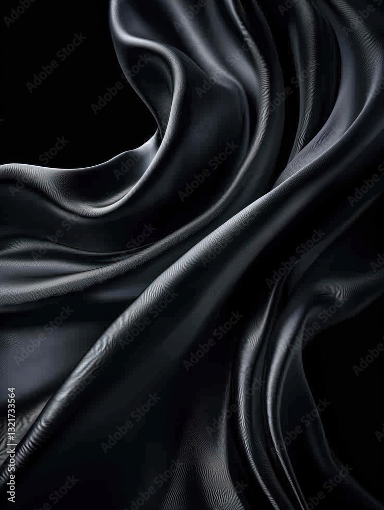 Fototapeta premium Rippling black silk exhibits smooth waves and rich textures, enhancing the velvety dark tones under soft lighting