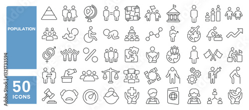 Set of 50 line icons related to population, citizens, people, community, demography, birth rate, life, inhabitant, residents, Editable stroke. Vector illustration