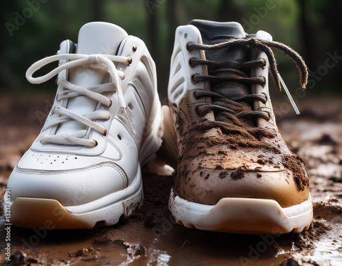 A clean white sneaker beside a mud-caked boot, illustrating how different surfaces capture dirt differently