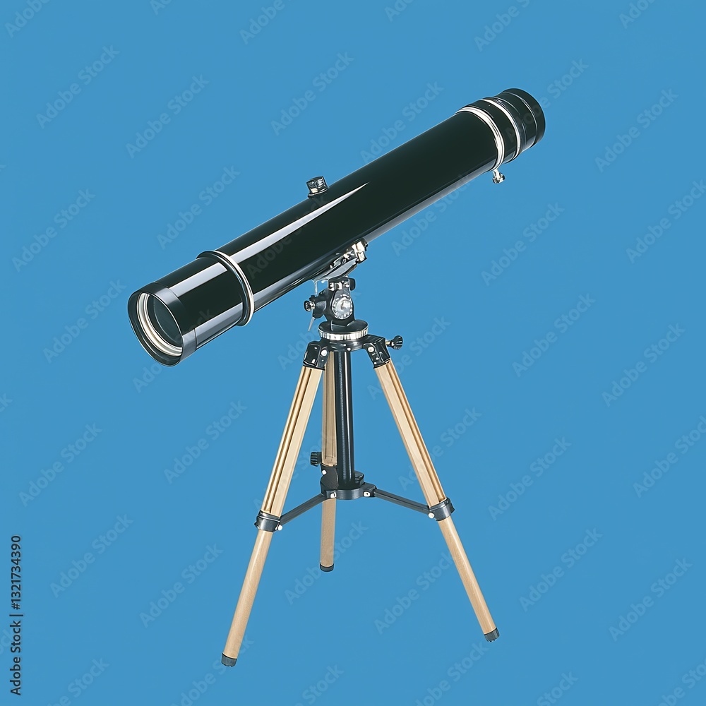 Black Refracting Telescope on Wooden Tripod Against Blue Background Black Refracting Telescope on Wooden Tripod Against Blue Background