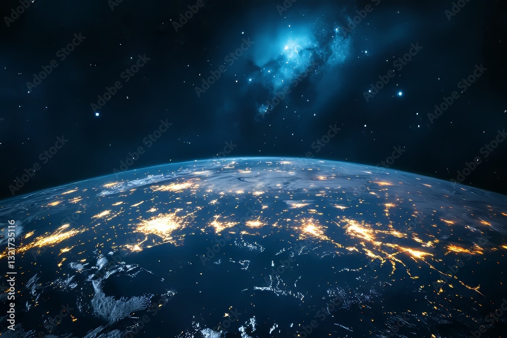 Obraz premium Magnificent view of Earth at night with city lights and celestial nebula