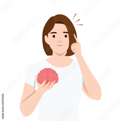 Woman holds a brain in one hand while pointing to her head, critical thinking, Power of the mind. Flat vector illustration isolated on white background