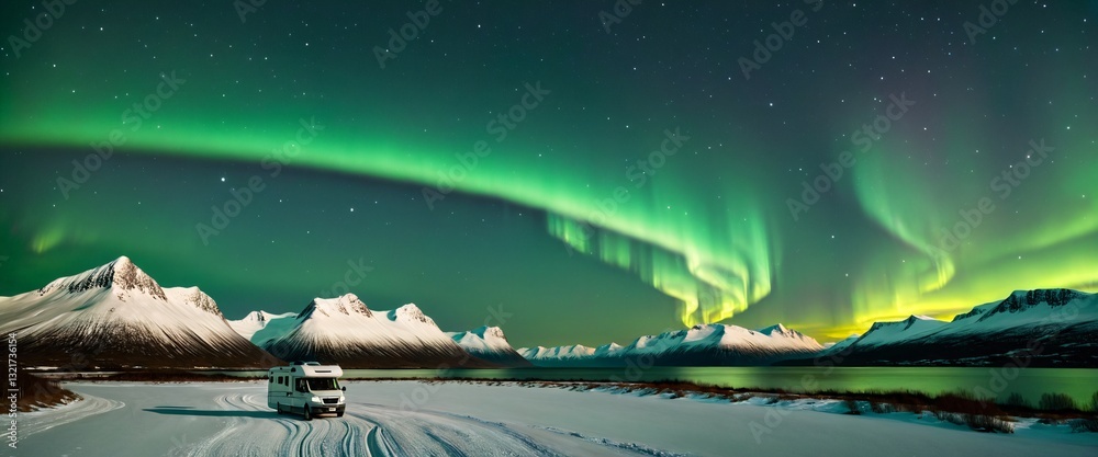 starry night sky in Norway, with a green glow beginning to illuminate the sky. RV Camping Northern Lights