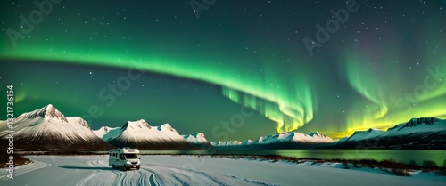 Obraz na płótnie starry night sky in Norway, with a green glow beginning to illuminate the sky. RV Camping Northern Lights w salonie