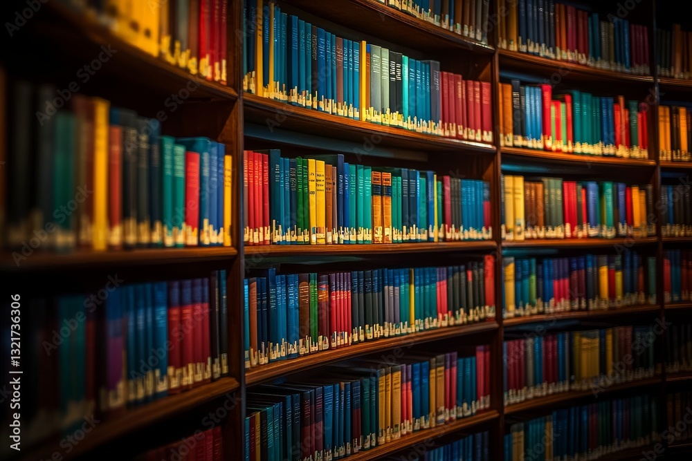 Extensive wooden bookshelves filled with colorful books and literary volumes Extensive wooden bookshelves filled with colorful books and literary volumes