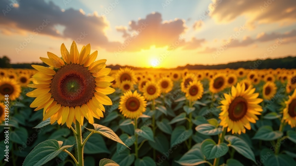 Fototapeta premium Vast sunflower fields stretching to the horizon under a warm summer sky. Golden blossoms turn toward the sun, their bright petals glowing under the soft afternoon light.