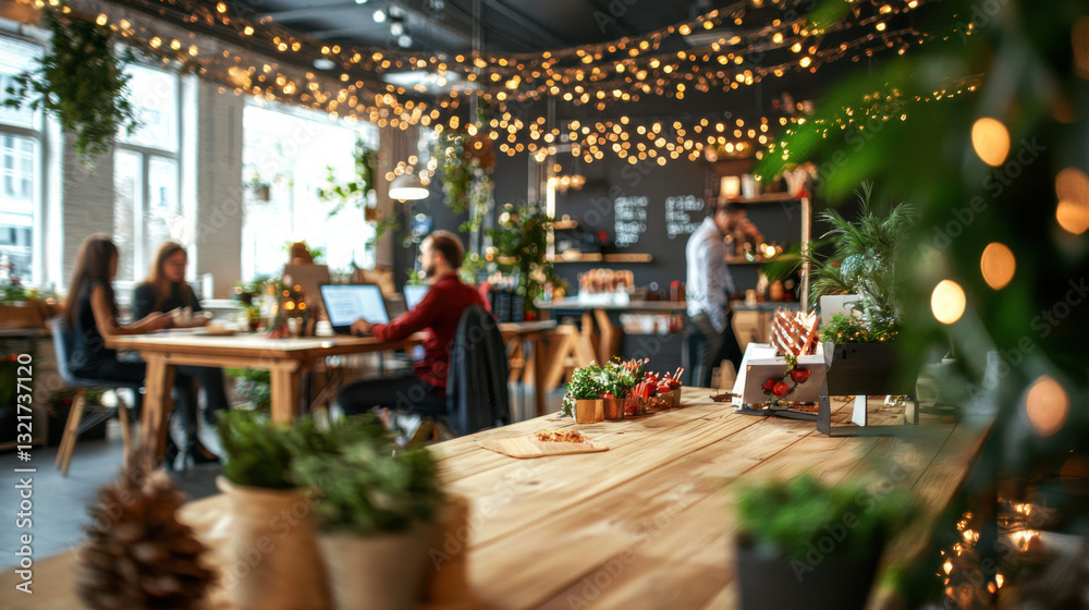 Obraz premium chic workplace with neutral tone decor and festive lights creates cozy atmosphere