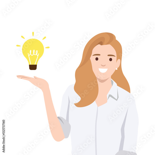 Bright Idea , a Moment of Inspiration. Presents a glowing light bulb in her hand. Flat vector illustration isolated on white background