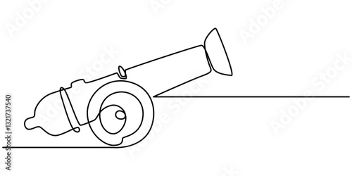 Cannon one line drawing. Cannon continuous line. Army warfare equipment in battlefield one line concept, Single one line drawing of cannon ball weapon with arrow symbol bullet missile. Business.