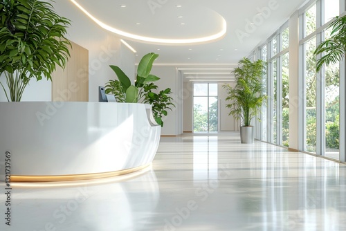 Modern office reception area with sleek design and abundant natural light