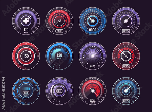 Speedometers and tachometers car gauge for measuring speed, power and other work indicators set
