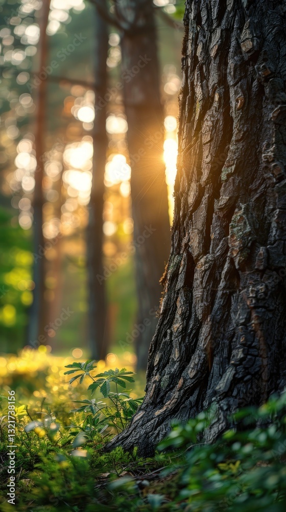 Obraz premium Sunlight filtering through forest trees, illuminating tree trunk, lush undergrowth. Nature photography, ideal for backgrounds