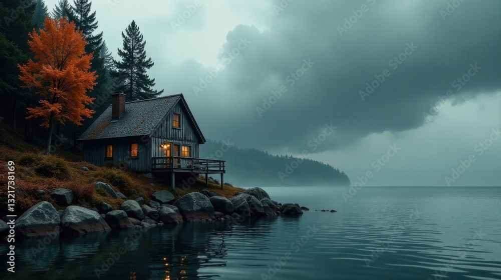 Fototapeta premium Secluded lakeside cabin nestled amongst autumnal foliage, illuminated windows glowing warmly against a moody, overcast sky
