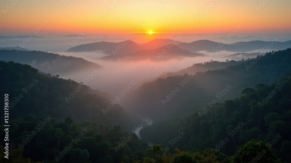 Fototapeta premium Sunrise over a misty jungle, dense morning fog rolling through treetops, golden rays piercing through lush greenery, illuminating the vibrant life of the tropical wilderness.