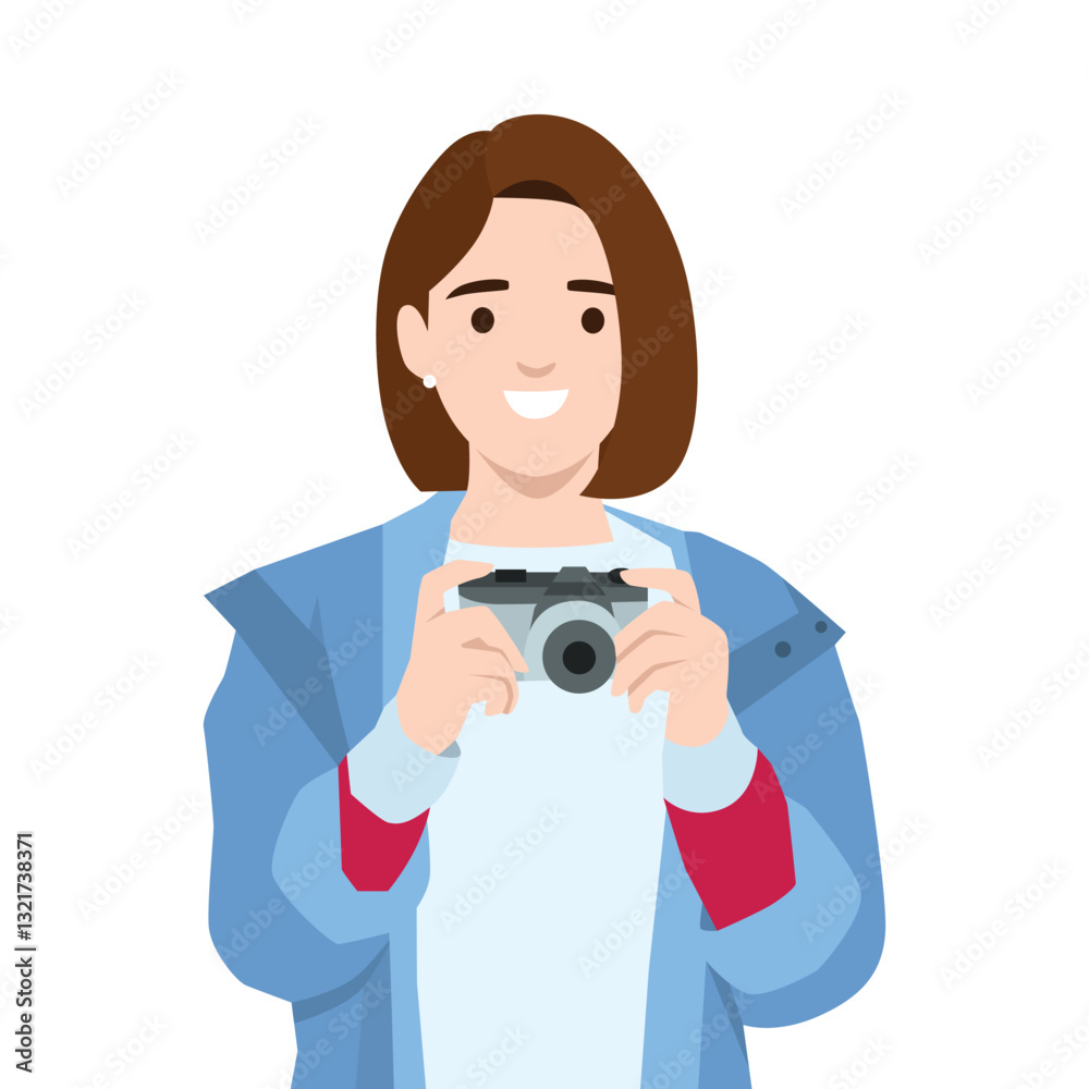Woman holds a camera, symbolizing travel, photography, and the joy of capturing special moments. Flat vector illustration isolated on white background Woman holds a camera, symbolizing travel, photography, and the joy of capturing special moments. Flat vector illustration isolated on white background