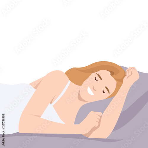 Smiling woman sleeps comfortably on her side, relaxation, restfulness, and a good night's sleep. Flat vector illustration isolated on white background