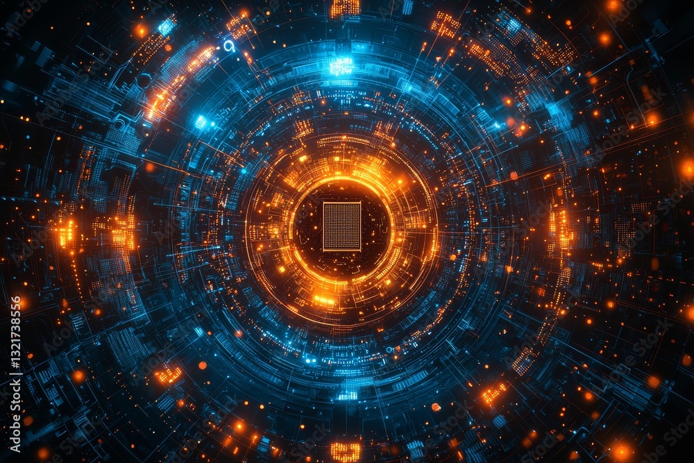 Fototapeta premium Advanced quantum computing network illustration with light trails and circuit board