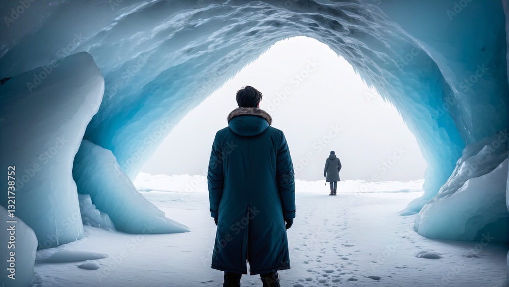 solo male traveler tourist wearing winter coat with standing at the opening of an ice cave travel concept