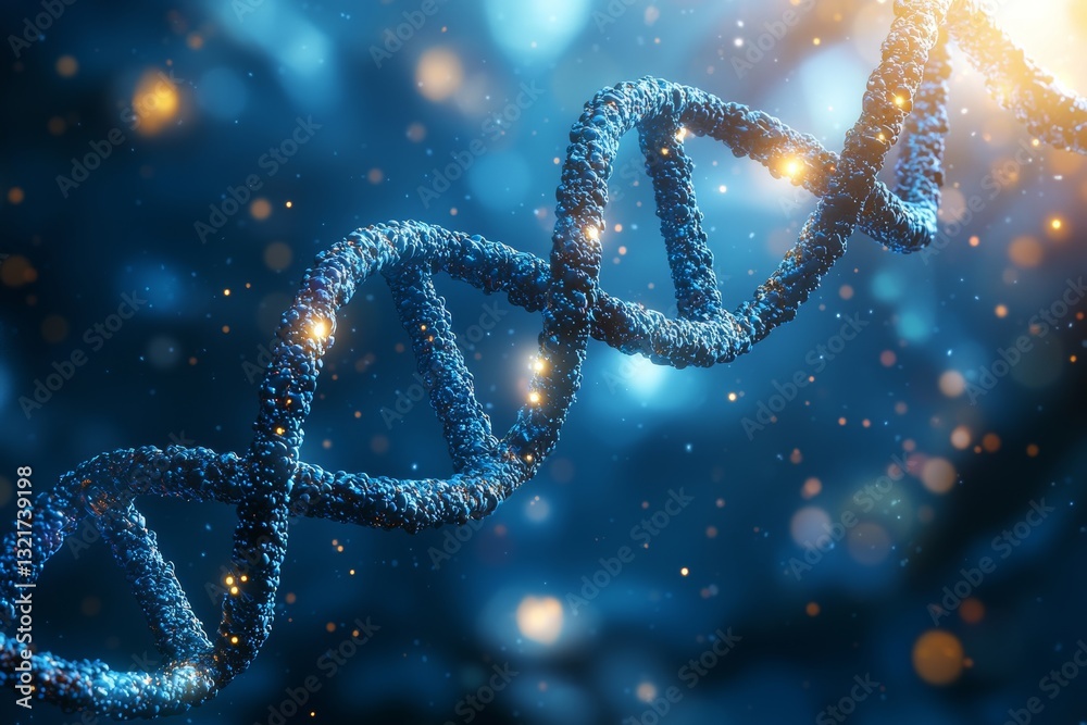 Abstract helix structure DNA, science background with glittering particles and blue backdrop