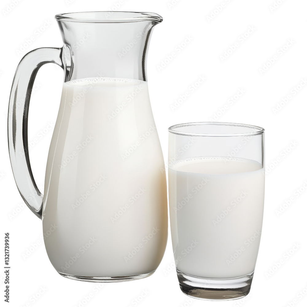 A classic pitcher filled with fresh milk alongside a clear glass of milk showcasing dairy's wholesome qualities isolated on transparent background.. A classic pitcher filled with fresh milk alongside a clear glass of milk showcasing dairy's wholesome qualities isolated on transparent background..