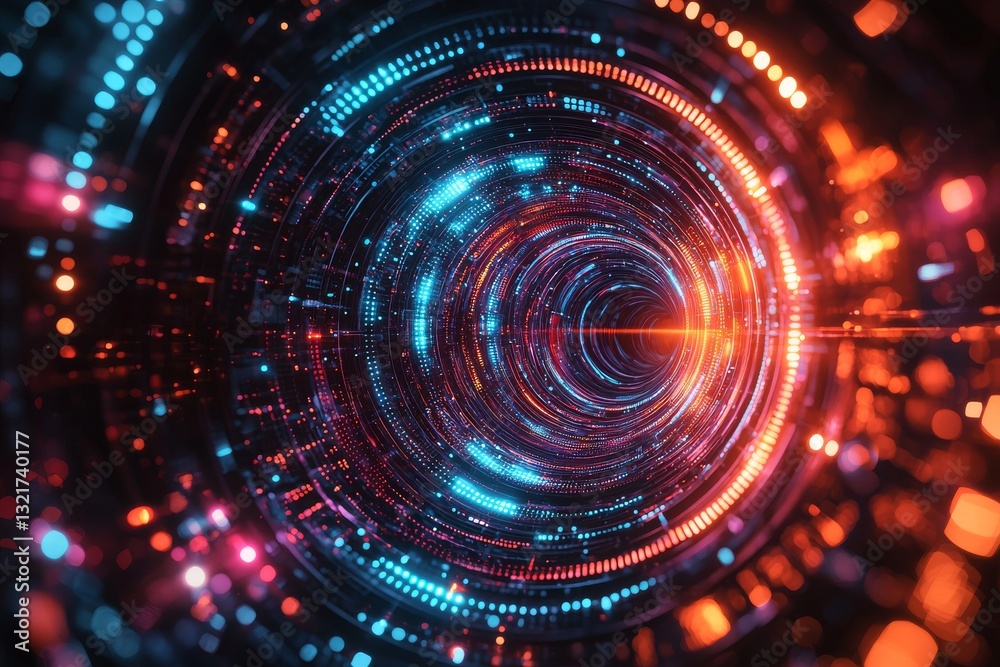 Futuristic tunnel of glowing digital particles, data stream visualization Futuristic tunnel of glowing digital particles, data stream visualization