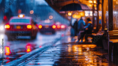 Wallpaper Mural Blurred city street scene with rain, taxis, and people under umbrellas Torontodigital.ca
