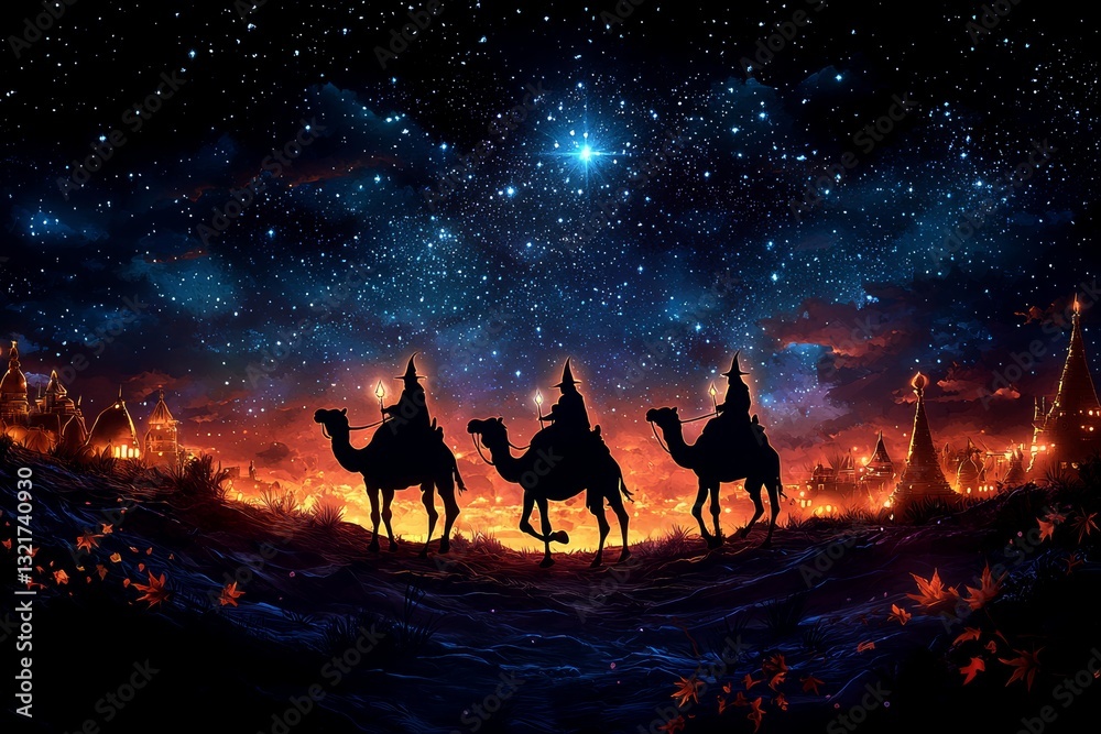 Fototapeta premium Three Wise Men on Camels Journeying Under a Starry Night Sky Landscape