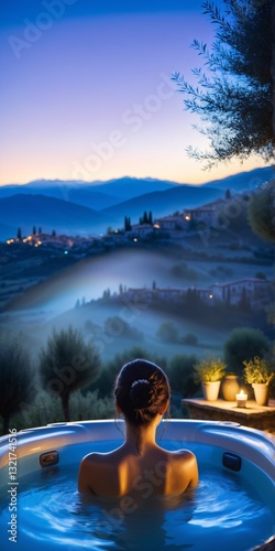 Relaxing Evening in Outdoor Hot Tub woman tourism, travel, vacation tuscany Ai
