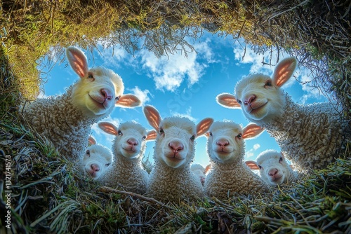 Curious Lambs Peering into the Lens on a Sunny Sky Backdrop Framing
