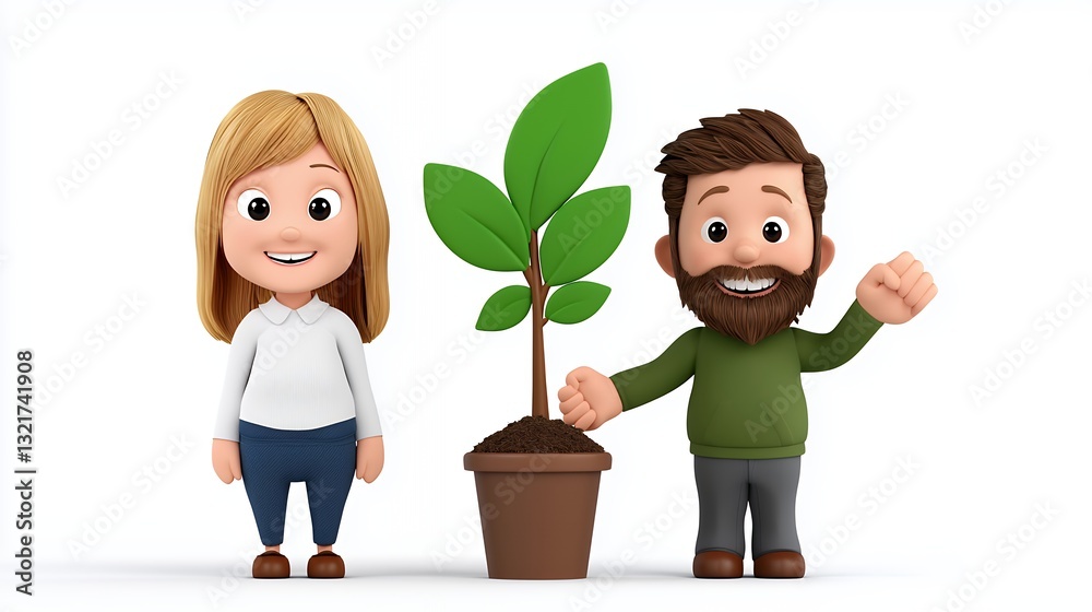 Cheerful Cartoon Couple and Potted Plant on White Cheerful Cartoon Couple and Potted Plant on White