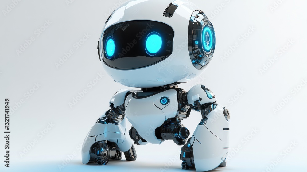 Cute white robot with blue lights, sitting on white background. Cute white robot with blue lights, sitting on white background.
