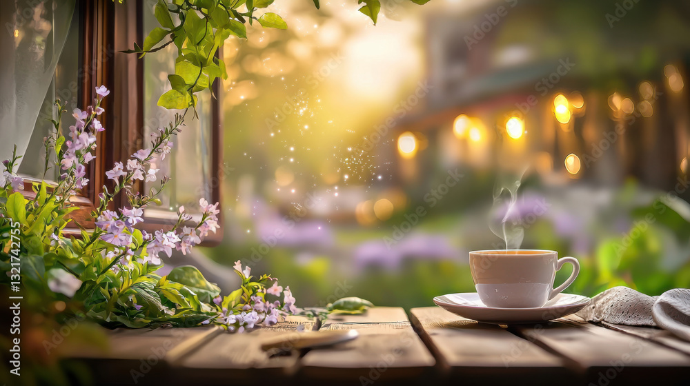 steaming cup of coffee sits on wooden table by open window, with flowers and warm sunlight creating serene atmosphere steaming cup of coffee sits on wooden table by open window, with flowers and warm sunlight creating serene atmosphere