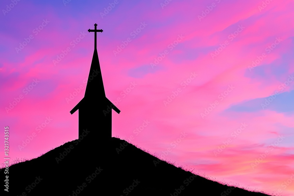 Church Silhouette Against Vibrant Pink Sunset Sky Church Silhouette Against Vibrant Pink Sunset Sky