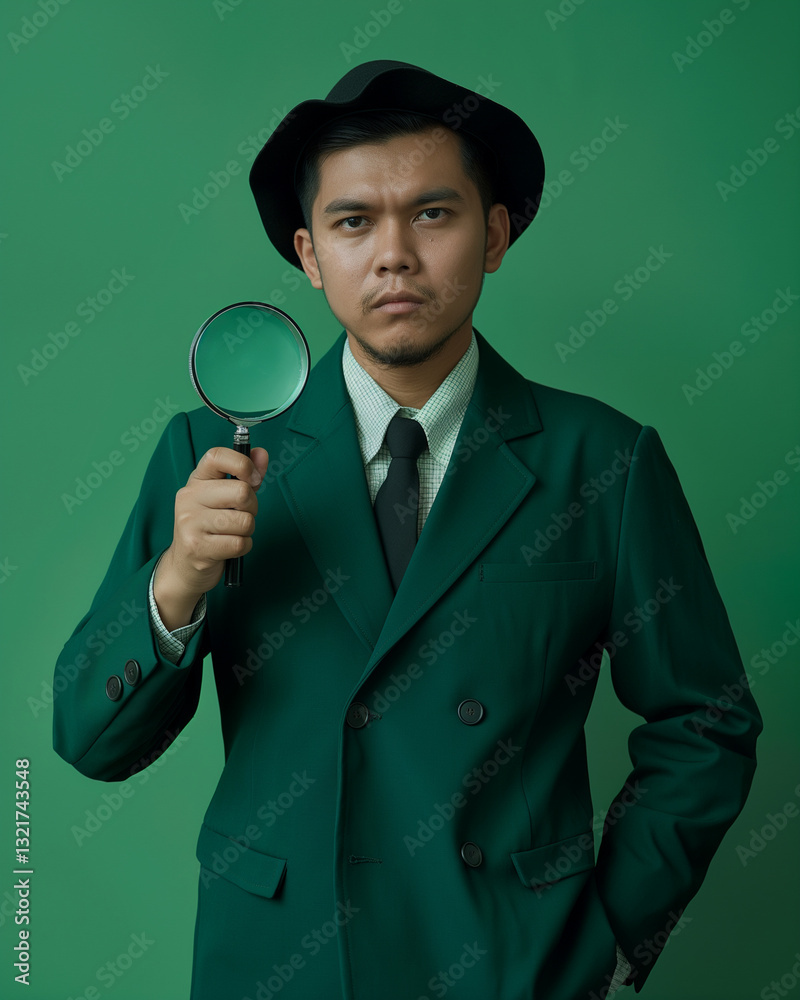 Man in green suit holding a magnifying glass Man in green suit holding a magnifying glass