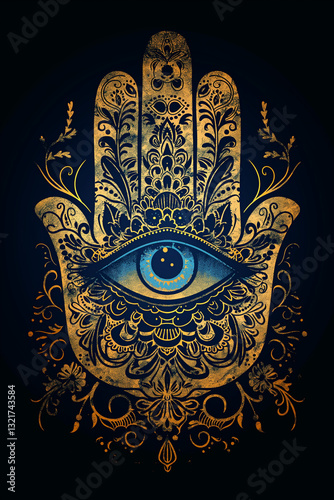 Hamsa hand with eye and intricate patterns