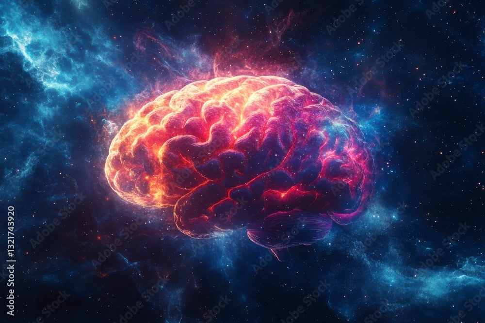 Colorful digital rendering of a brain with swirling energy in a cosmic background. Colorful digital rendering of a brain with swirling energy in a cosmic background.