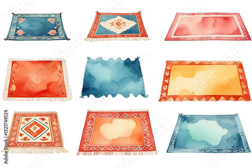 Watercolor Rug Collection with Geometric Designs and Vibrant Colors Illustration