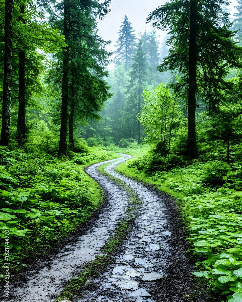 Winding path through lush misty forest Green foliage lines the way Winding path through lush misty forest Green foliage lines the way
