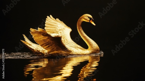 Fototapeta Naklejka Na Ścianę i Meble -  A golden swan floats serenely upon dark still water at night